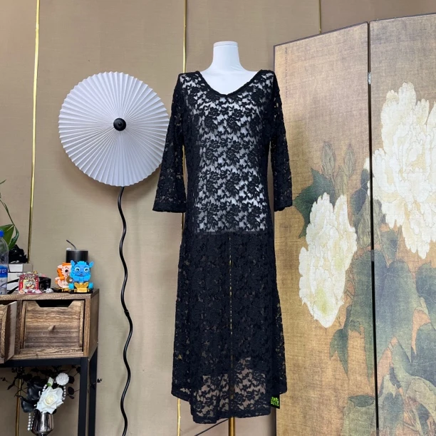 【466】蕾丝喇叭袖优雅百搭黑色透视连衣裙外披