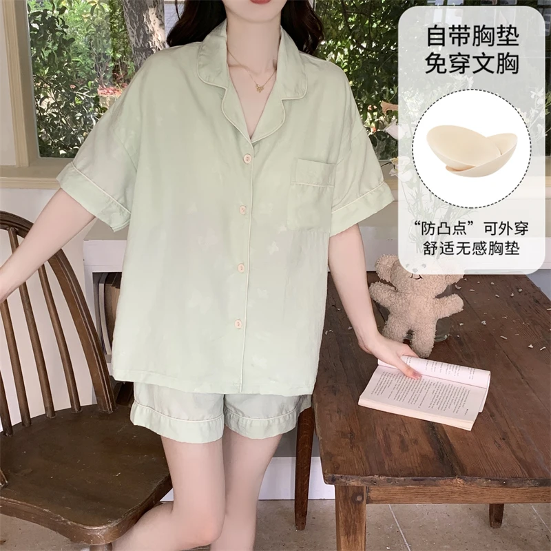芯语婷绿色蝴蝶夏季新款云朵泡泡纱睡衣带胸垫女士短袖甜美家居服
