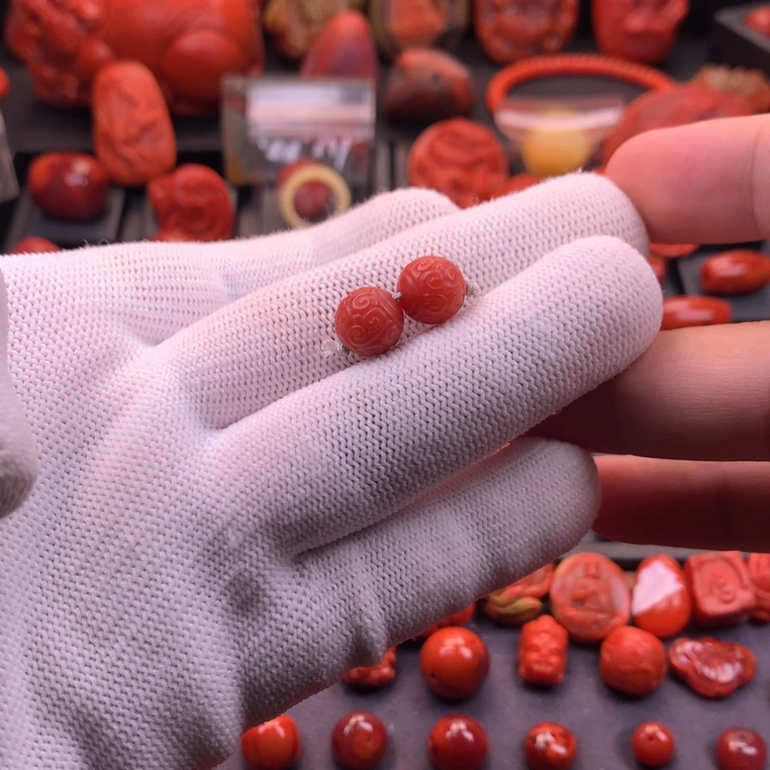 南红玛瑙未镶嵌精工雕刻保山五岔路回纹圆珠腰珠对珠9.5mm