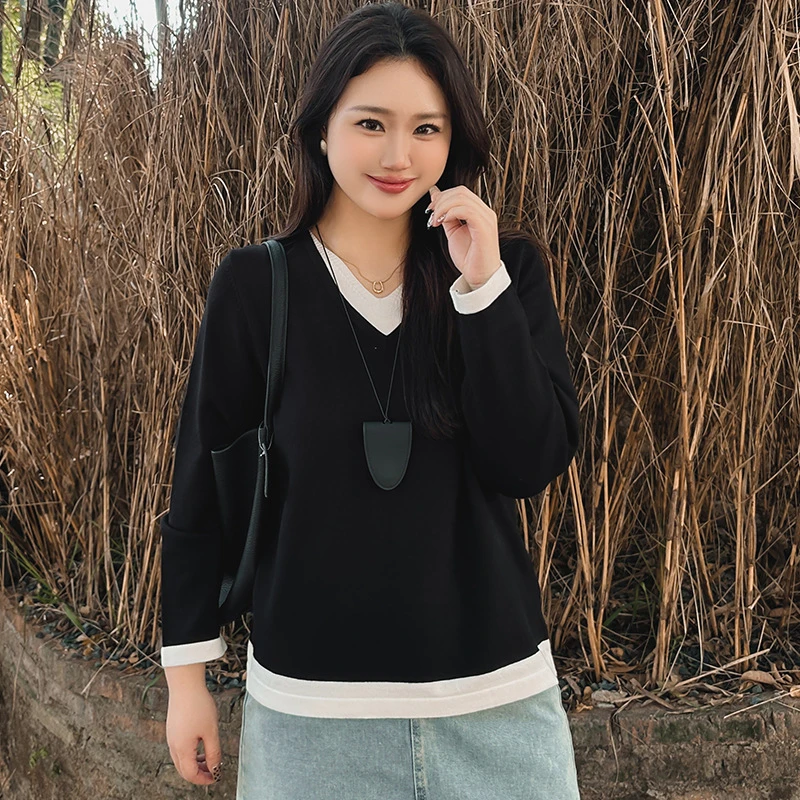 2024年大码女装春秋新款针织衫胖mm假两件V领显瘦毛衣上衣