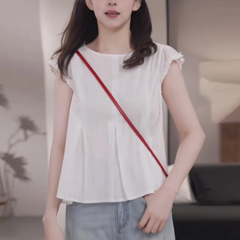 2025夏季新款白色女士短袖衬衫显瘦减龄休闲设计感木耳边上衣