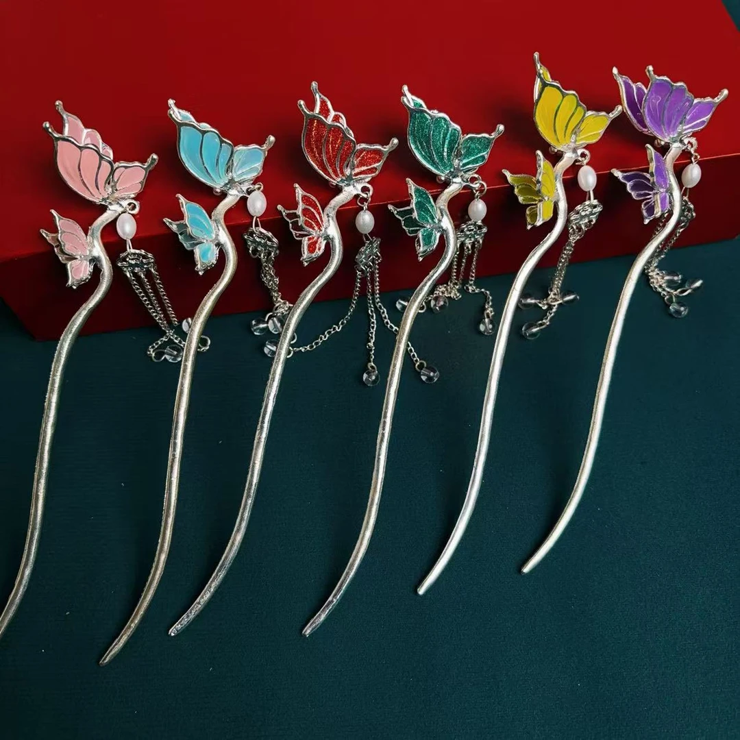 古风油画发簪流苏步摇簪子女式后脑勺合金盘发发钗旗袍汉服头饰品