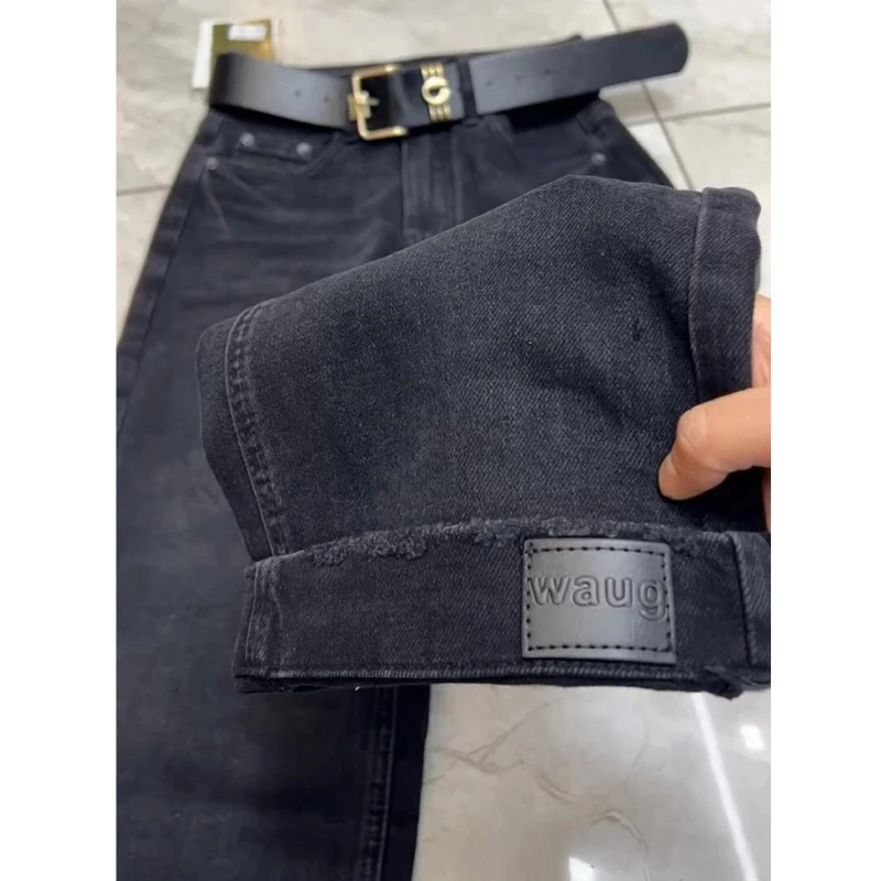 黑灰色九分法棍牛仔裤女2025年春季新款梨型身材小个子显瘦直筒裤