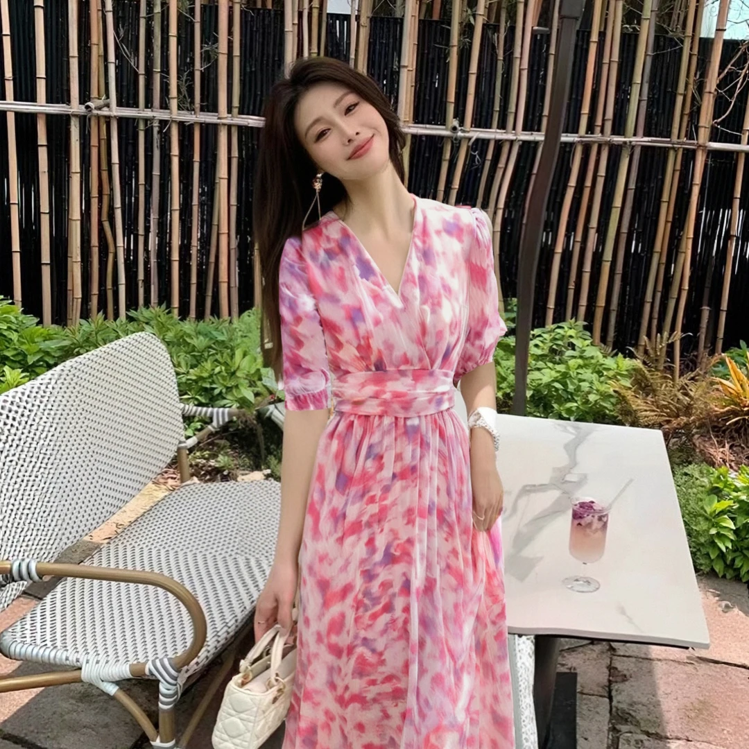 【有里布】新款气质优雅法式印花长裙晕染时尚大摆连衣裙女D2067