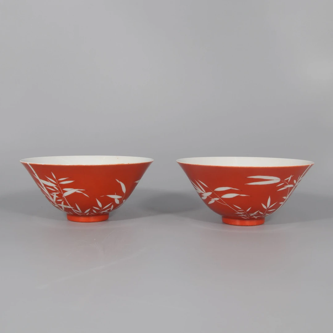 矾红留白竹纹斗笠碗一对    H412-102/103