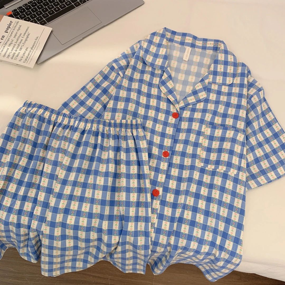 韩系甜美碎花睡衣女夏季新款简约蓝色格子宽松舒适短袖家居服套装