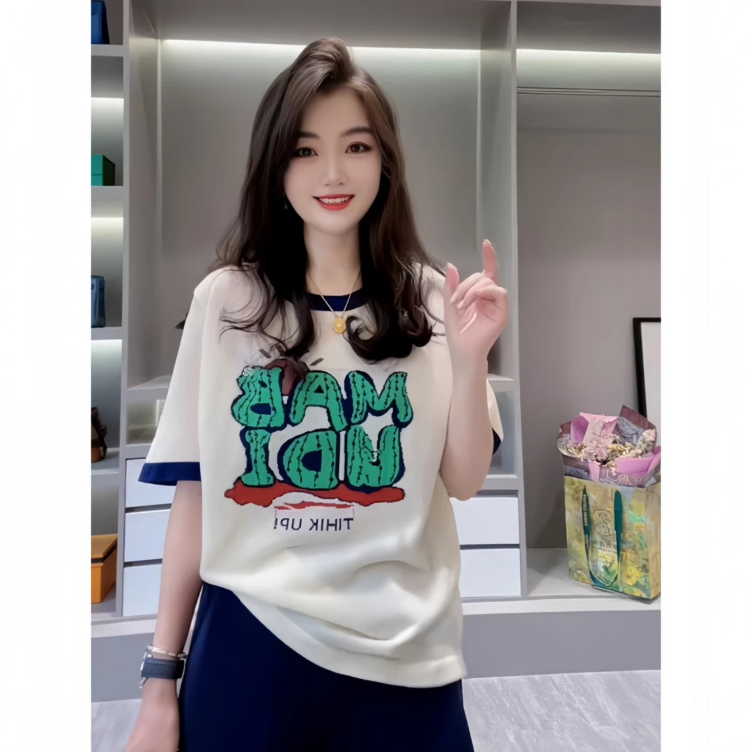 仙人掌字母提花短袖冰丝针织衫T恤女夏季新款撞色休闲百搭T恤潮