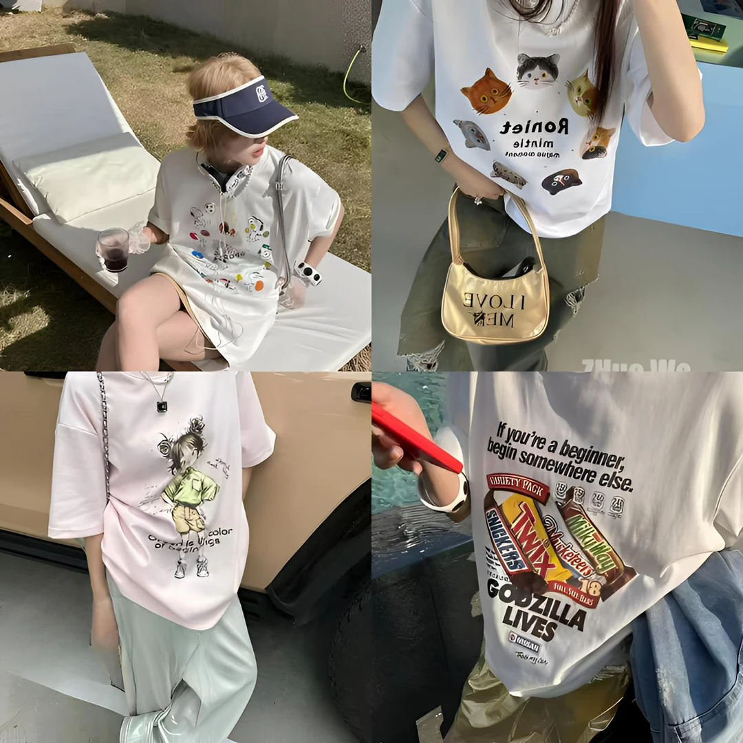 无品牌大版T纯棉百搭夏季白色休闲宽松印花韩版潮流学生半袖时尚