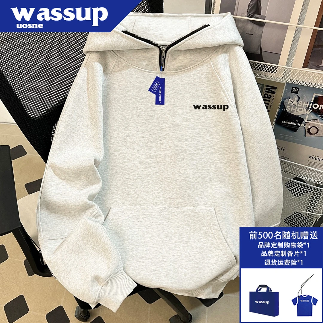 WASSUP UOSNEboxy短宽半拉链套头卫衣男秋季宽松简约中山连帽上衣