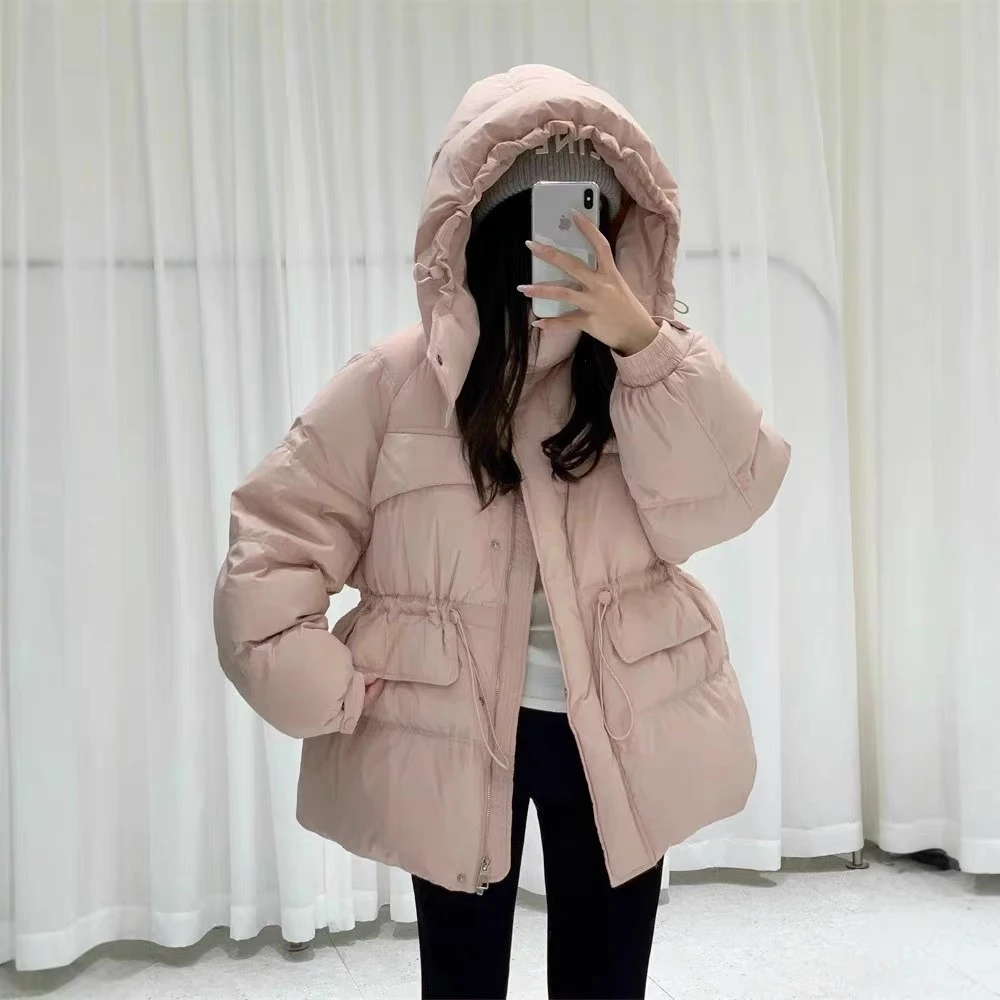 2024新款时尚中长款鸭绒外套韩版设计感连帽休闲收腰羽绒服女
