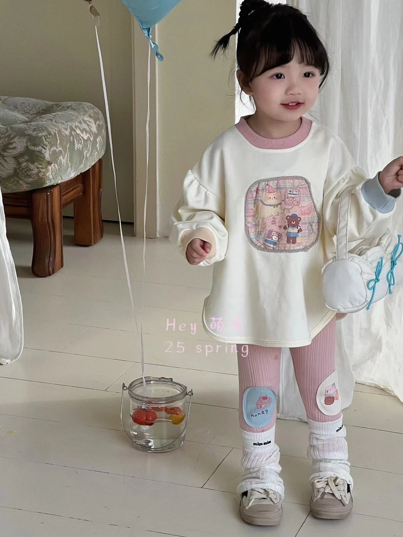 女童杏色卡通上衣粉色百搭打底裤（MX-K018+M206-春秋）