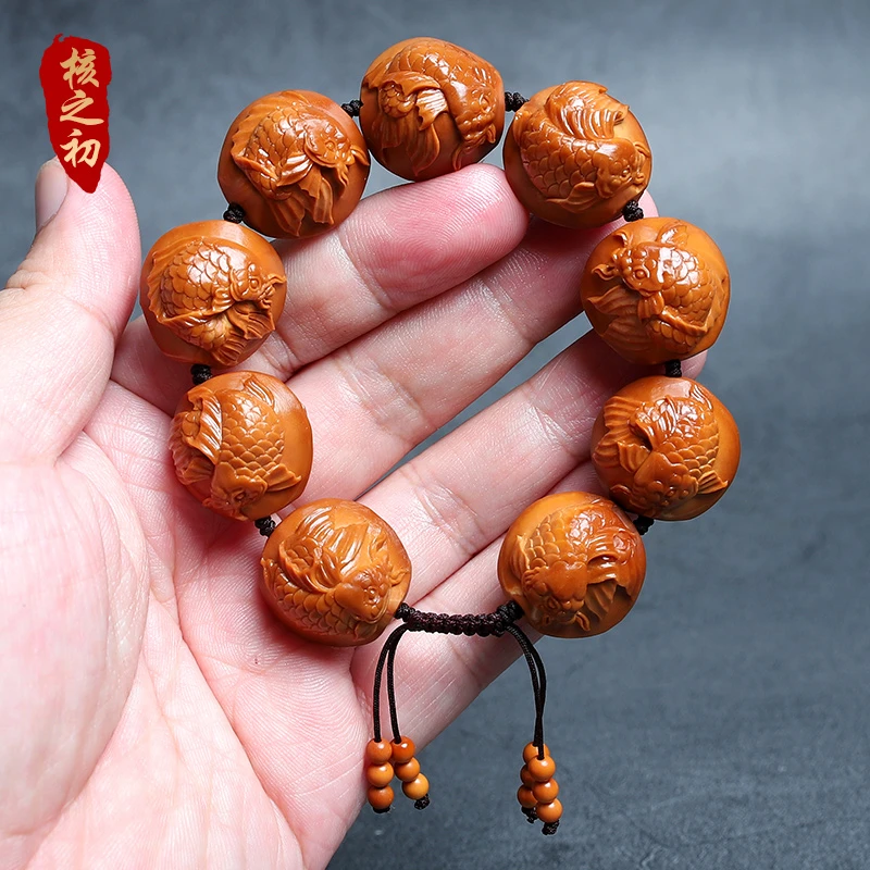 橄榄核手串鲤鱼戏莲花文玩核雕手工雕刻荷塘月色橄榄胡手链男女