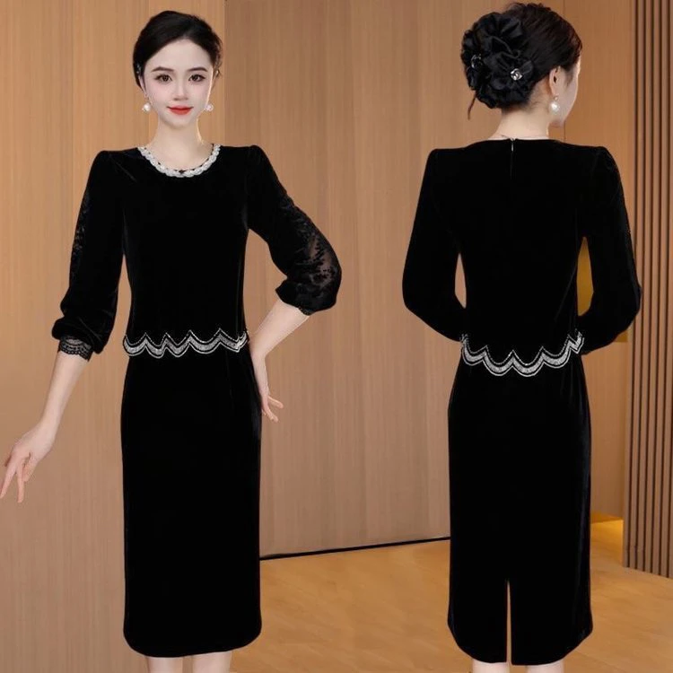 秋季假两件气质黑色圆领连衣裙女2025新款爆款修身显瘦中长款裙子