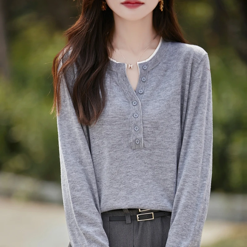 时尚撞色圆领针织衫女长袖套头薄款打底衫拼色假两件上衣春秋新款