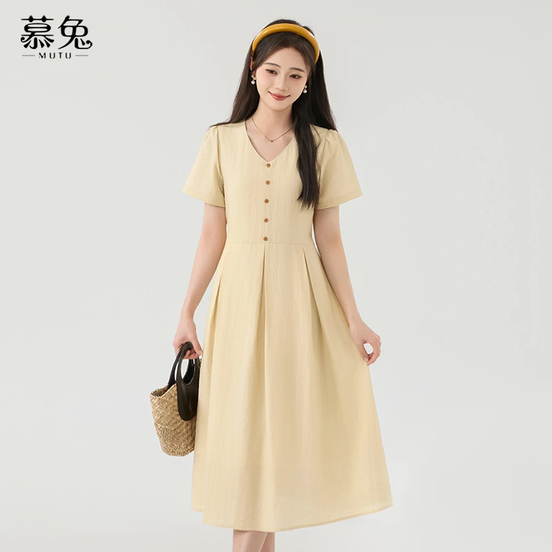 法式气质短袖连衣裙女2025夏新款温柔风收腰显瘦a字长裙子TU25100