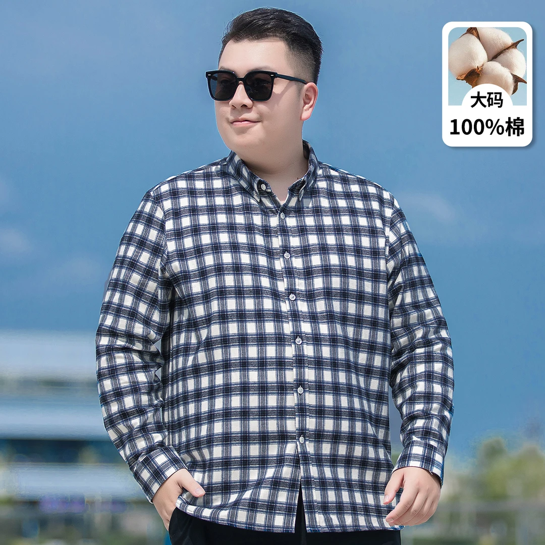 100%棉春秋加肥加大男宽松长袖衬衫英伦时尚胖子格子大码男装衬衣