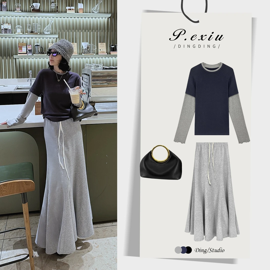 PanYiXiu/潘依绣假两件撞色拼接设计柔软磨毛长袖T恤 SH1655