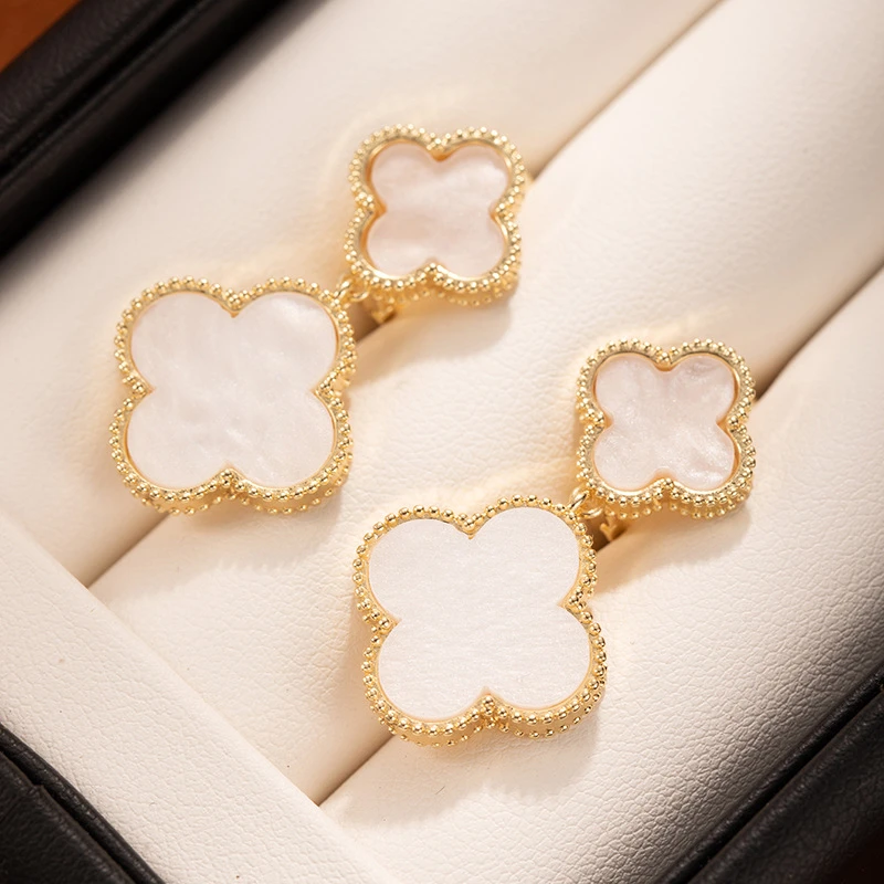 铜合金耳饰 A1029 时尚潮流流苏耳钉四叶草白色绿色