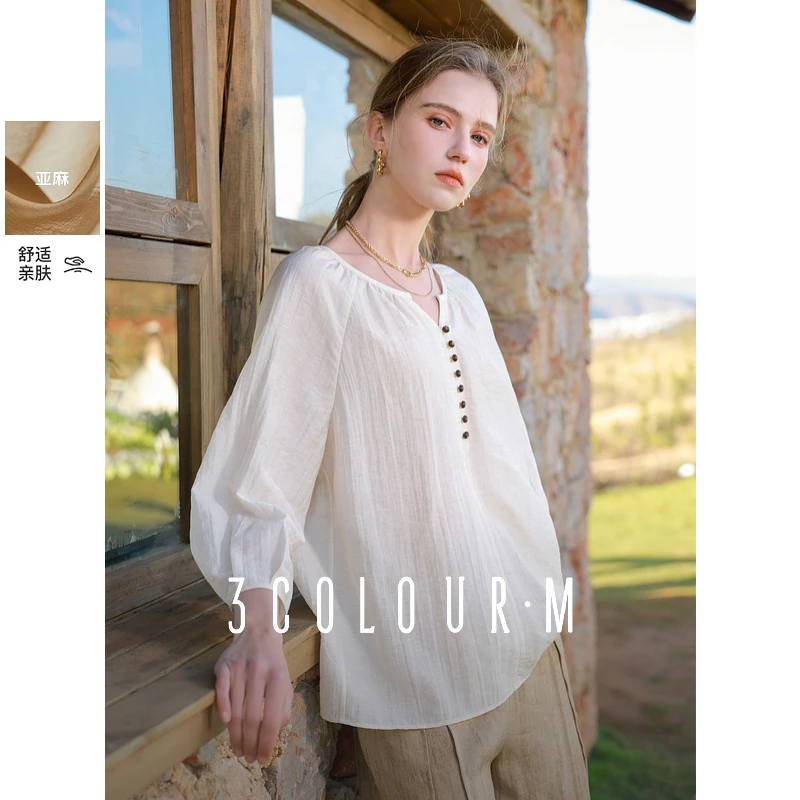 三彩2025春季新款V领亚麻衬衣宽松小衫禅意休闲风设计感上衣女M
