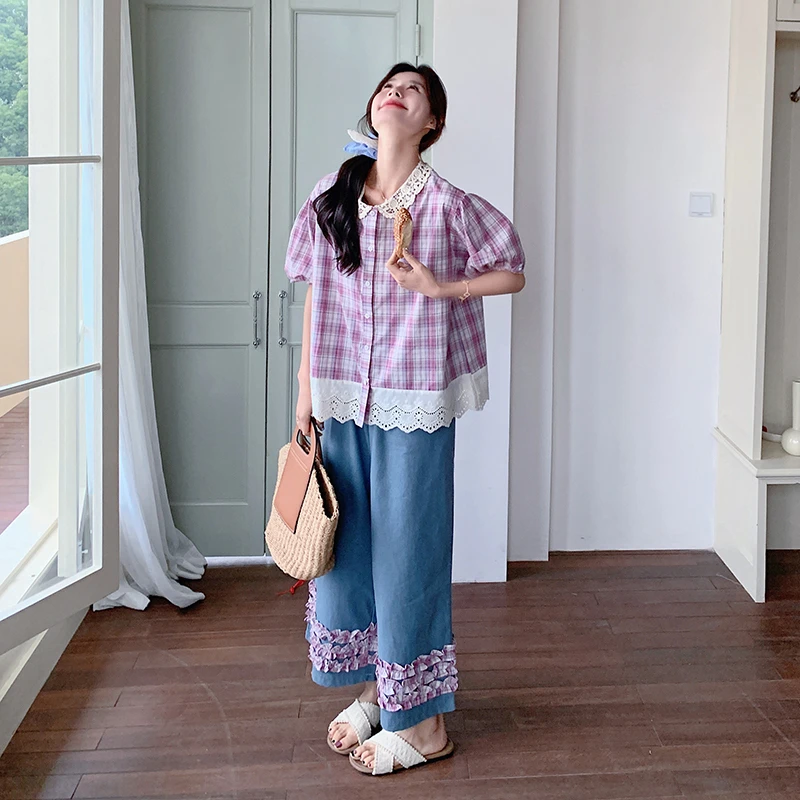 韩系松弛感欧若风穿搭女2025夏季新款漂亮蕾丝格子上衣长裤两件套