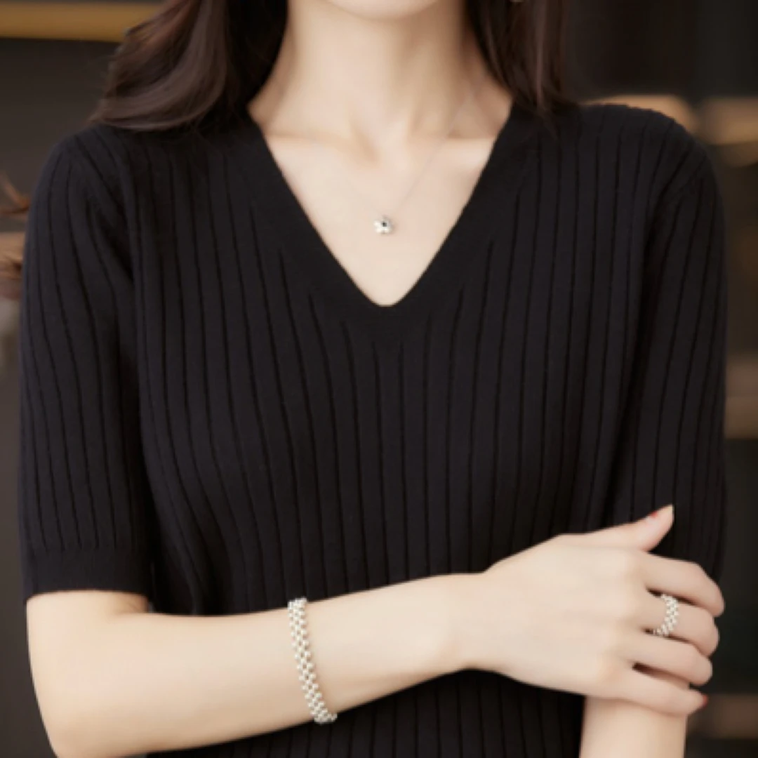 V领短袖女薄款夏季毛针织衫黑色气质针织衫百搭洋气修身