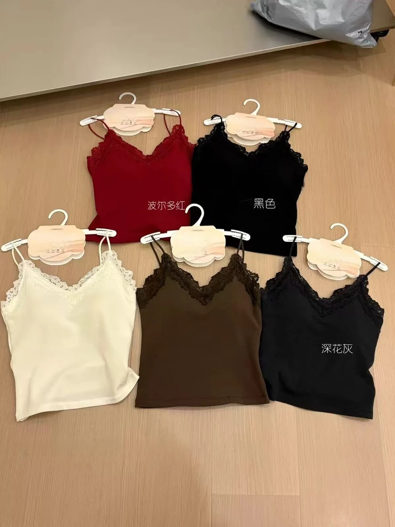 Manmi   蕾丝花边磨毛V领吊带背心  55569