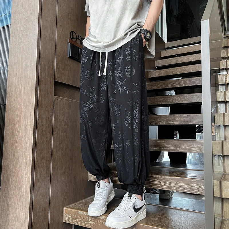 夏季轻薄款透气冰丝裤男士束脚运动裤新中式国风提花宽松哈伦裤潮