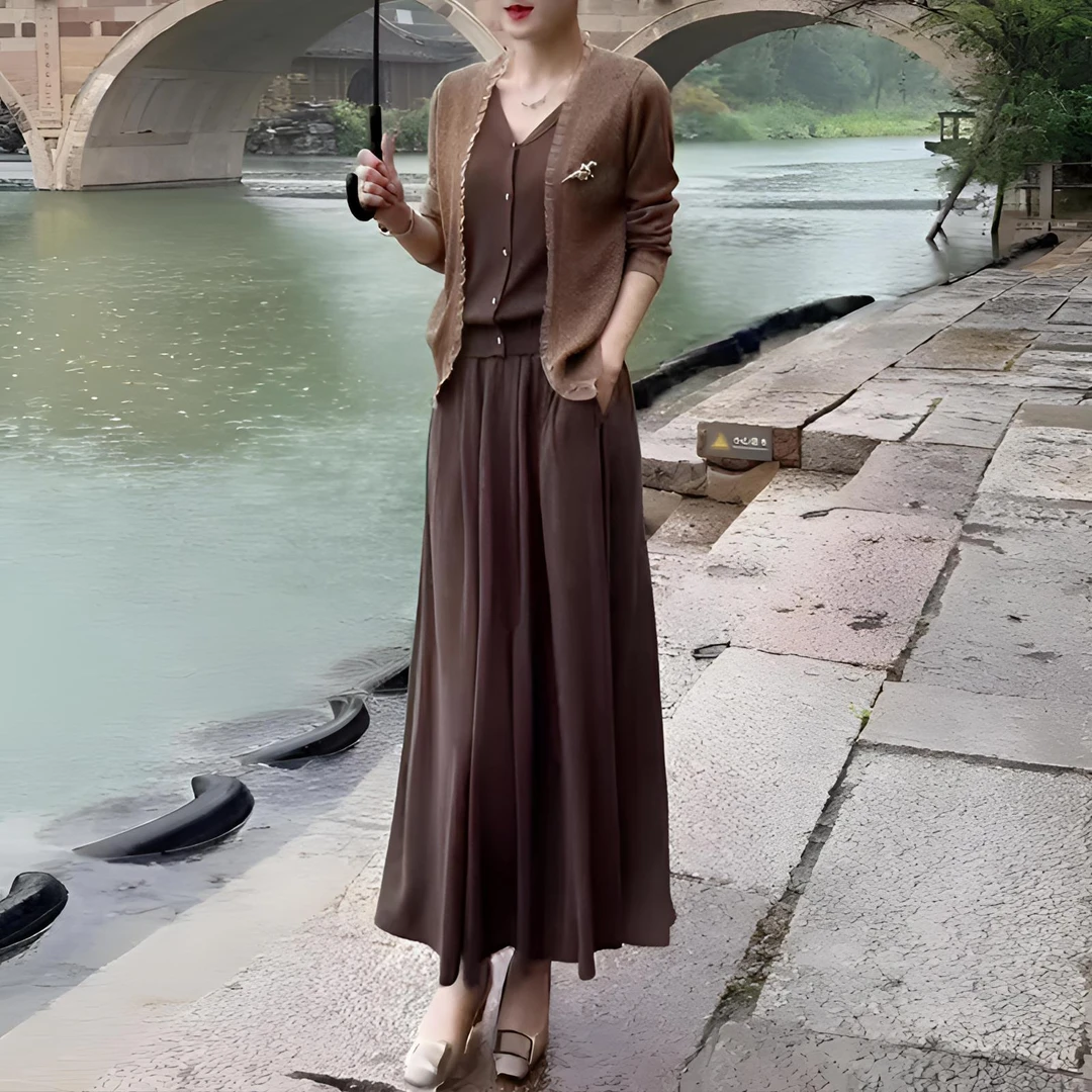 假两件秋冬V领长袖针织衫女木耳边开衫宽松显瘦中长款垂感半身裙