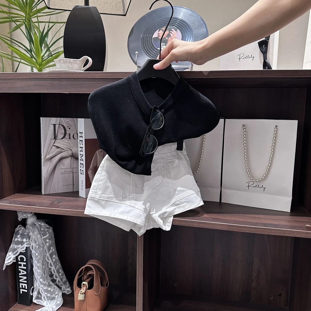 女童设计感高品质背心洋气短裤2025夏季韩版拼接牛仔热裤弹力短裤