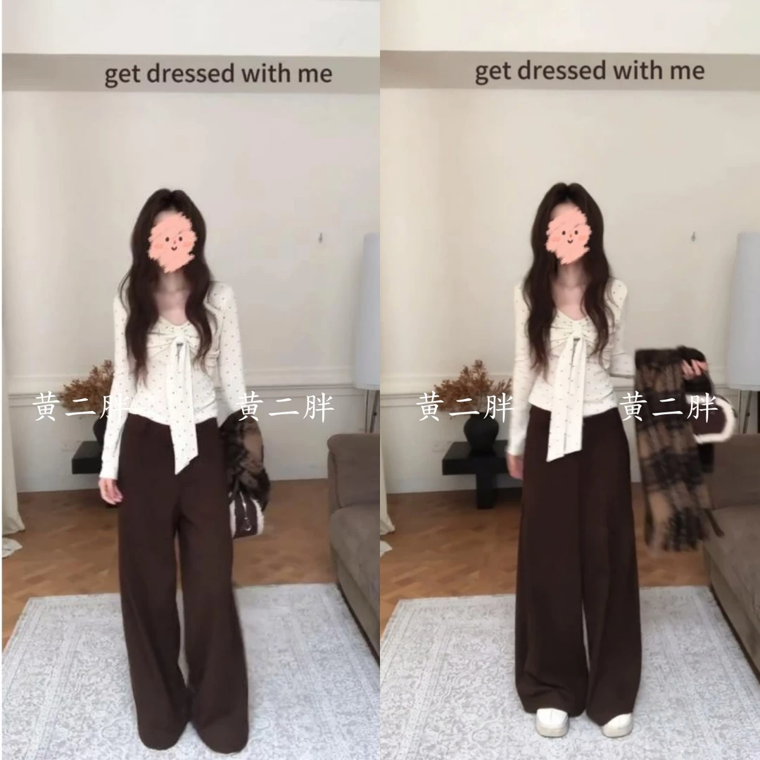 韩系飘带波点V领内搭T恤女2025秋冬休闲修身显瘦长袖上衣+阔腿裤