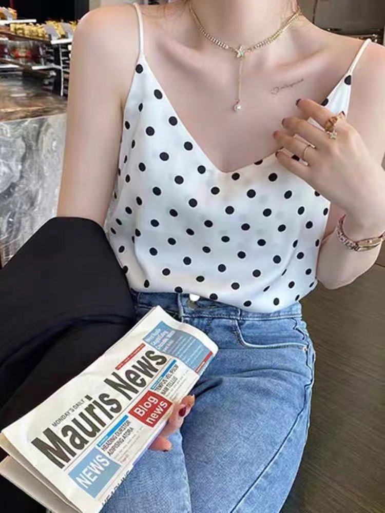 【OE家】NN011-时尚吊带背心显瘦百搭性感宽松波点白色