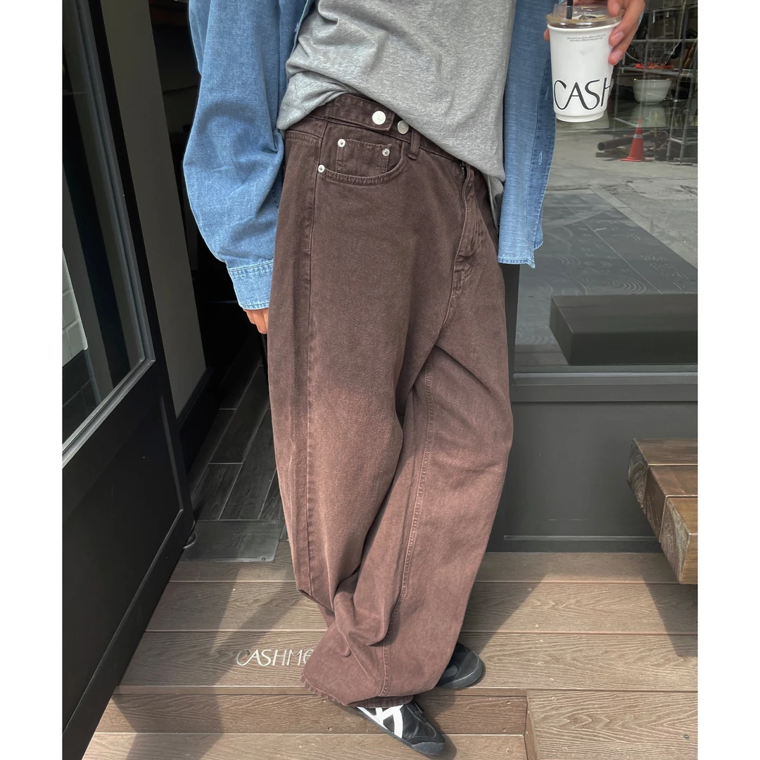 深棕色美式复古直筒牛仔裤男士春季潮牌时尚百搭流行阔腿拖地长裤