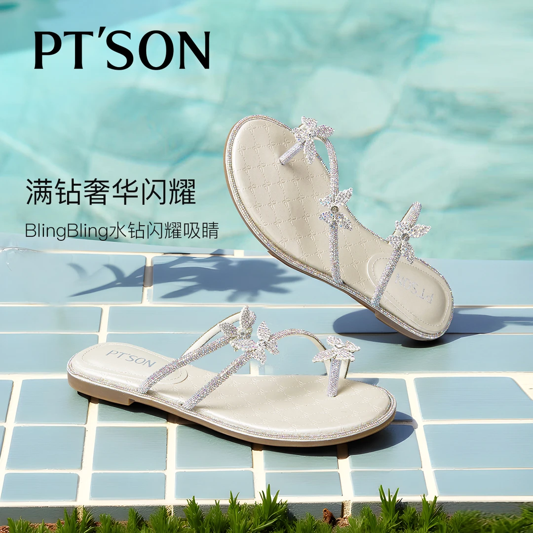 【百田森PT SON】PYQ25552蝴蝶结水钻仙女风拖鞋女平底拖鞋女度假