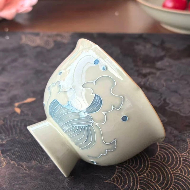 浮雕手绘海浪中式家用主人茶杯品茗杯