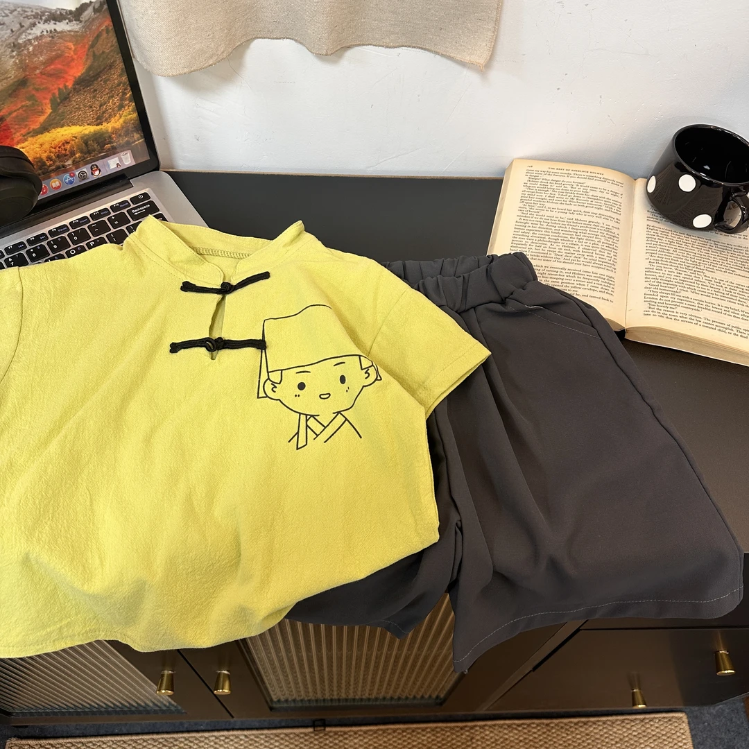 2595时尚潮流百搭国风洋气夏季男女童国风短袖套装