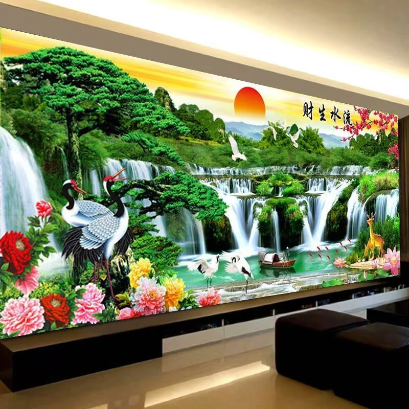 2024新款钻石画十字绣客厅大幅流水生财迎客松贴钻石绣砖石画风景