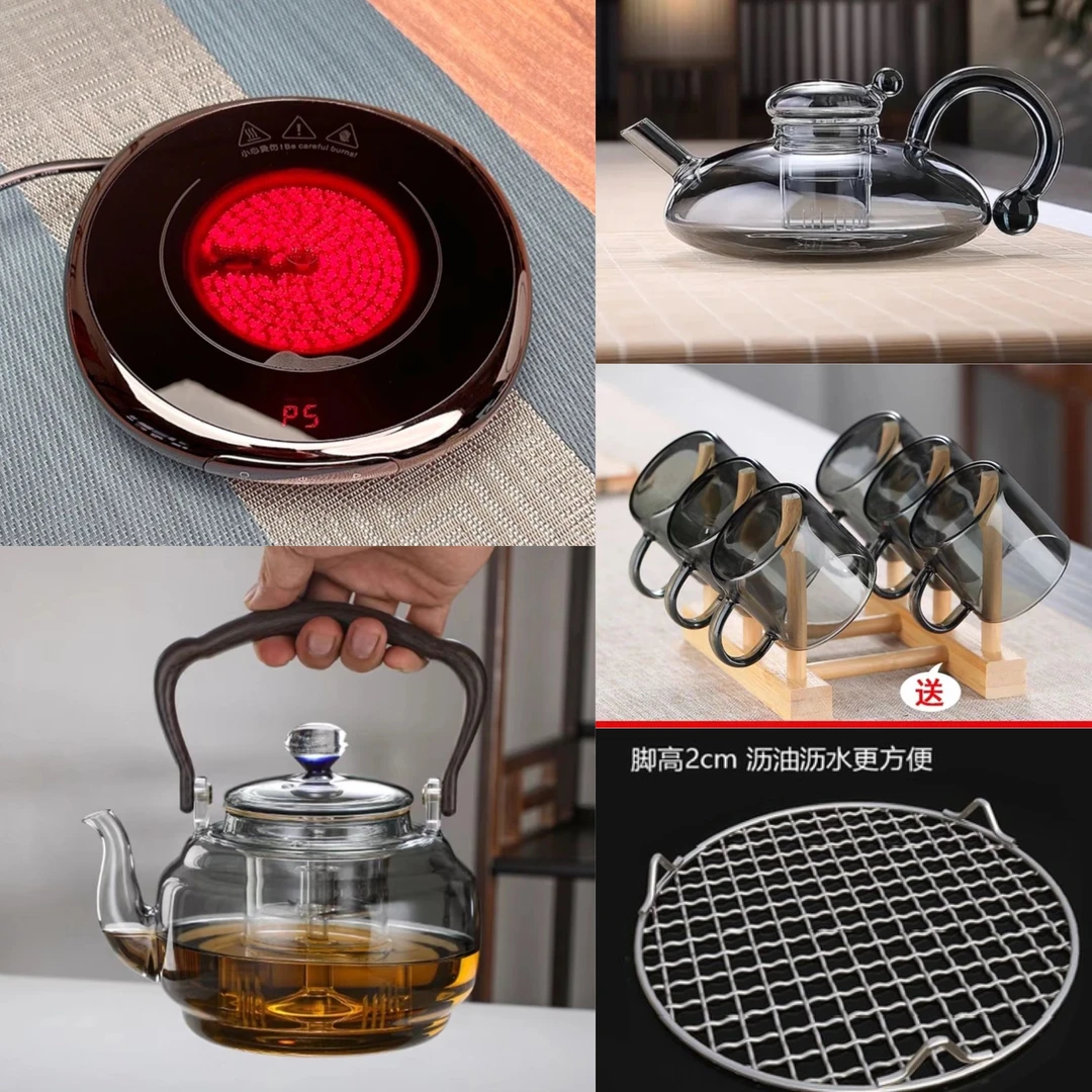 新款小坐电陶炉3插头超薄2.5厘米金属外壳煮茶炉套装茶壶智能烧水