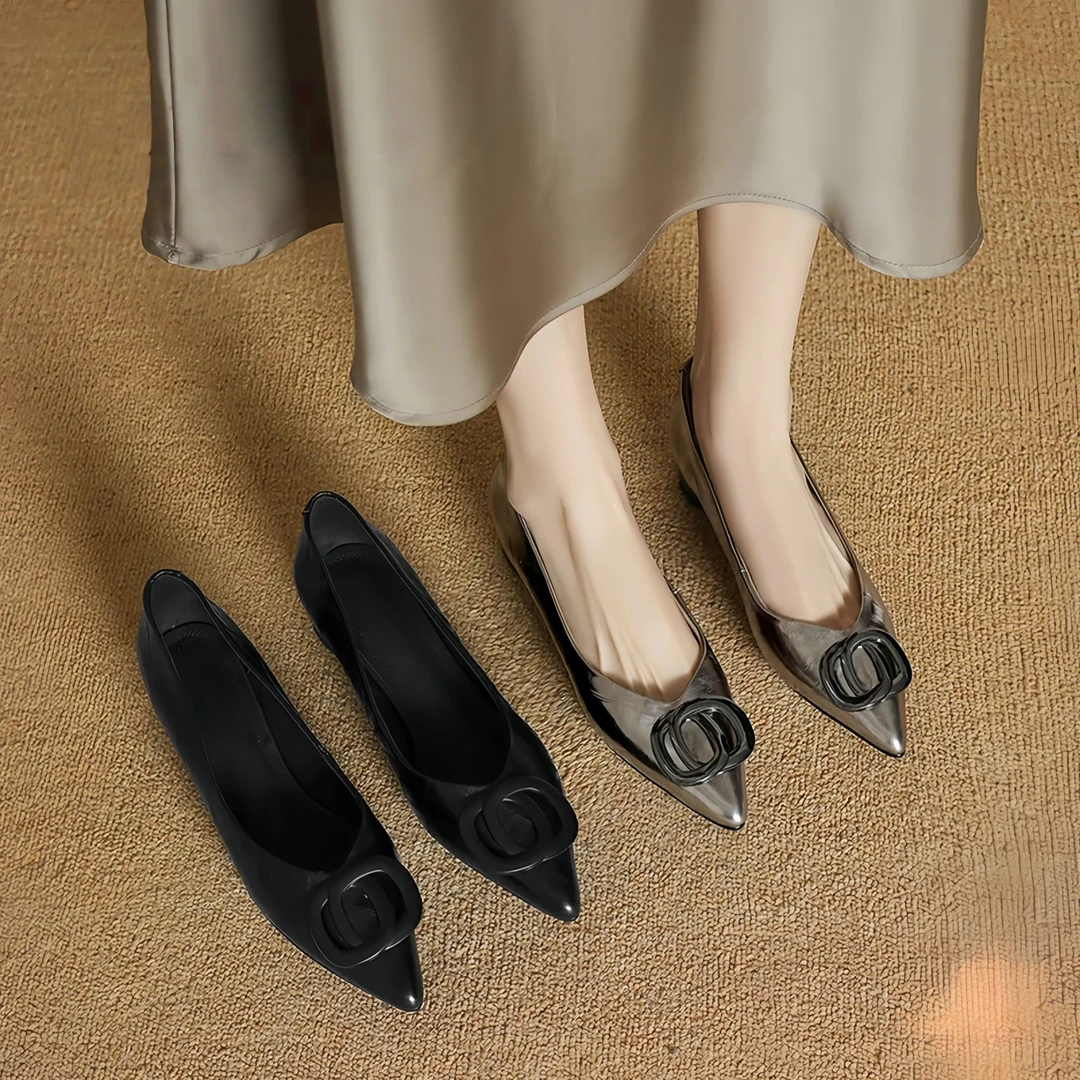 牛皮/3cm2025新款时尚尖头百搭扣件低跟单鞋舒适真皮浅口单鞋女鞋