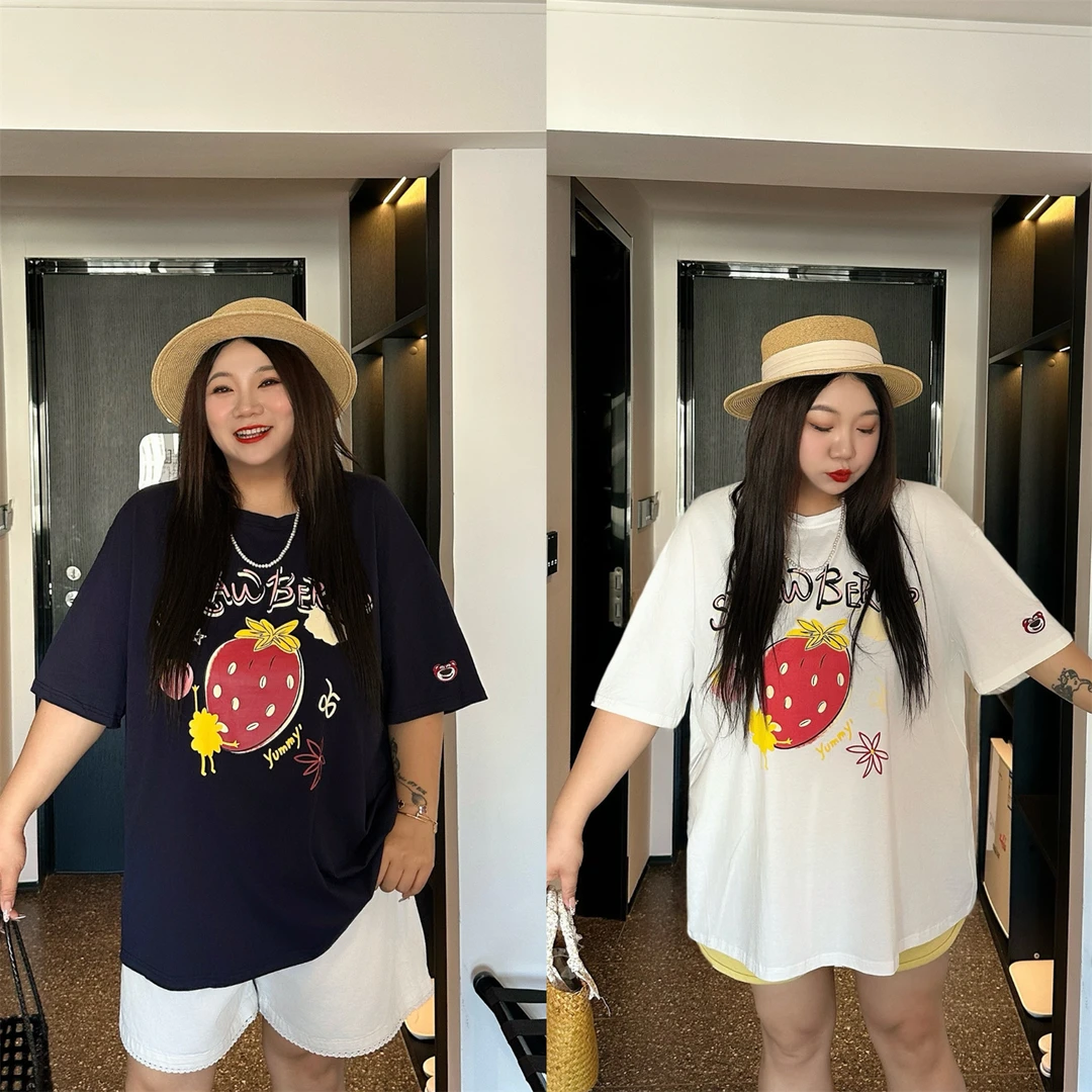 大码女装夏季时尚百搭花契200斤胖mm重工刺绣+印花短袖T恤15074