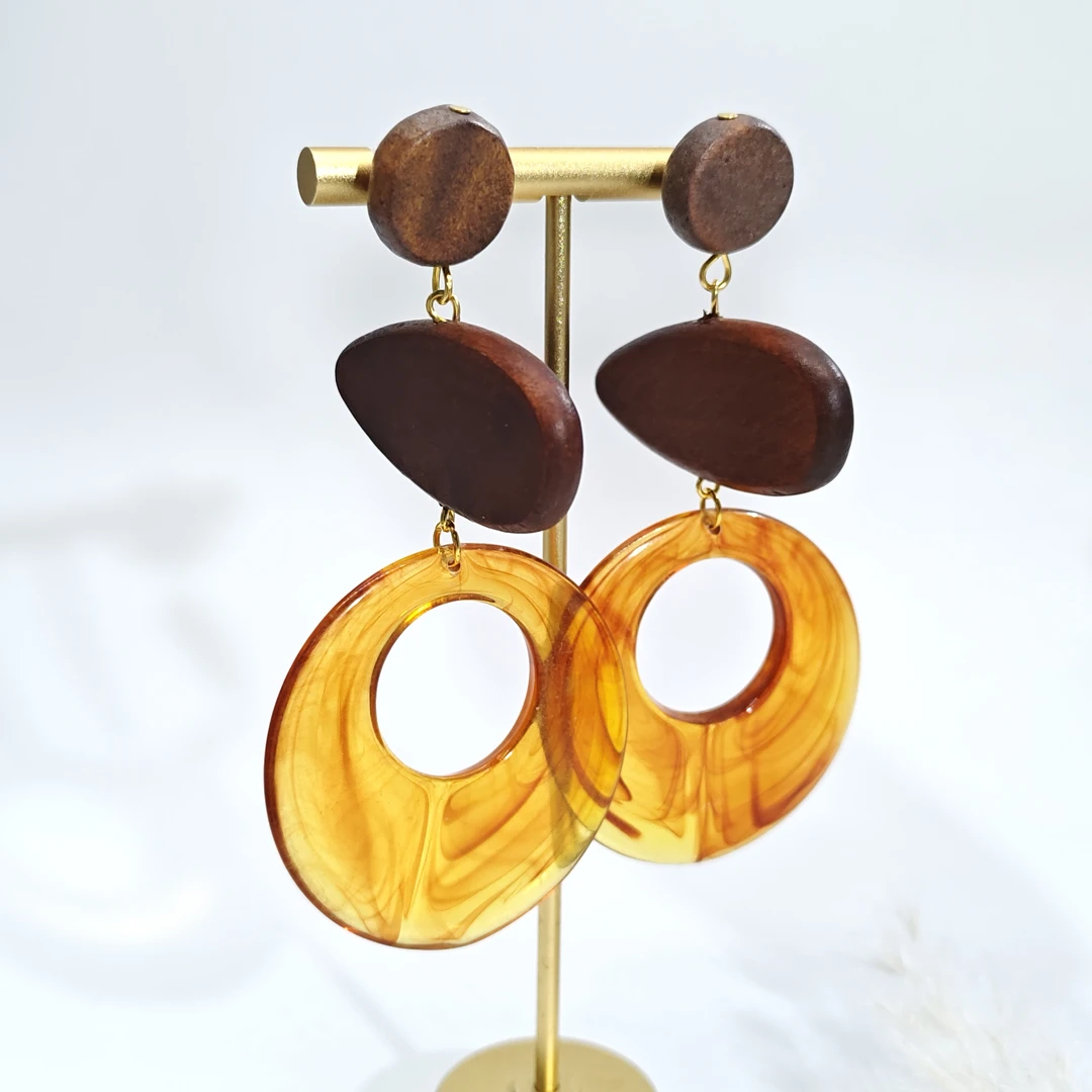 铜合金木质耳饰 07839法式慵懒风木质系列水滴圆圈三层耳环