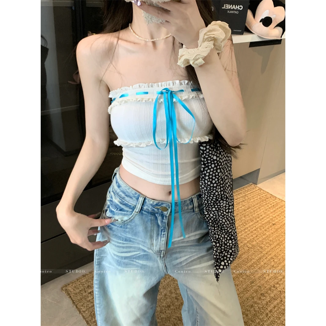 纯欲性感气质修身抹胸背心女春夏季新款辣妹蝴蝶结绑带设计感上衣