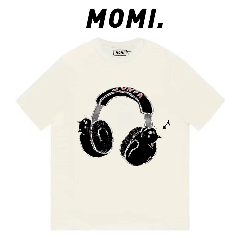 【MOMI】现货！耳机猫咪 260克纯棉重磅短袖女宽松休闲百搭T恤
