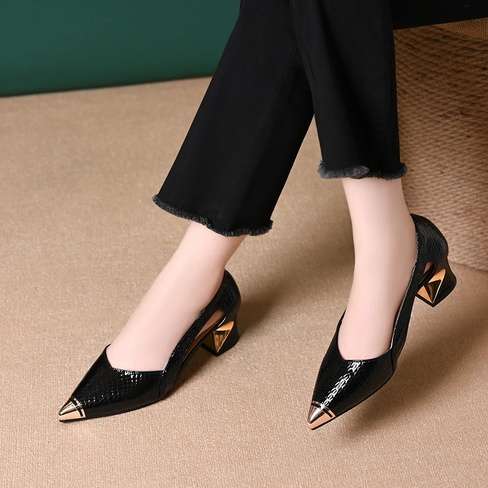 头层牛皮尖头气质浅口中跟单鞋法式女鞋高跟百搭防踢粗跟单鞋跟鞋