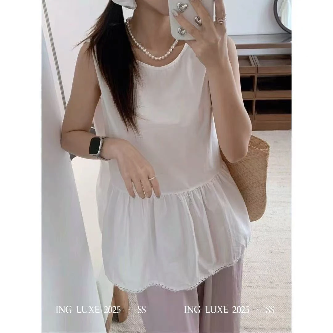 韩系原单无袖衬衫中长款甜美气质夏季背心上衣