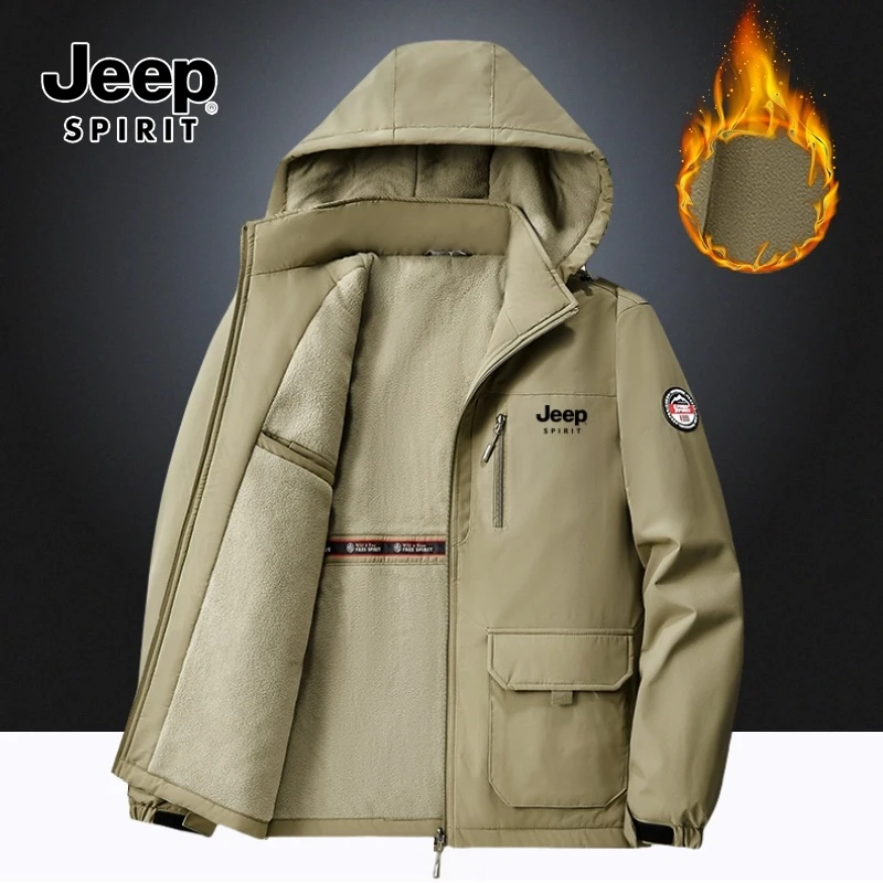 JEEPSPIRIT吉普秋冬男士加绒夹克工装棉服可拆卸帽户外防风外套