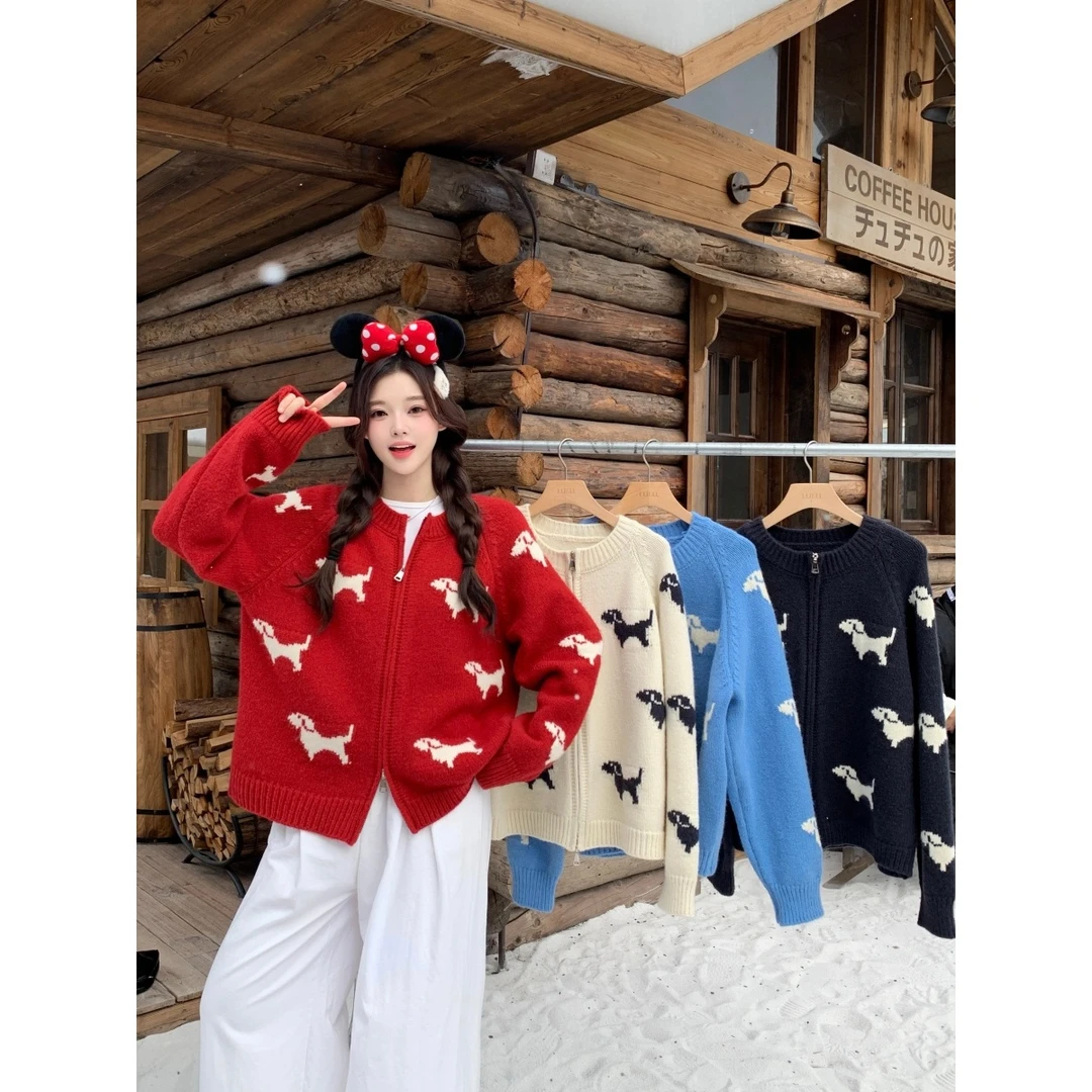 大码女装2025秋冬新款小狗显瘦百搭韩版厚款长袖针织衫毛衣037