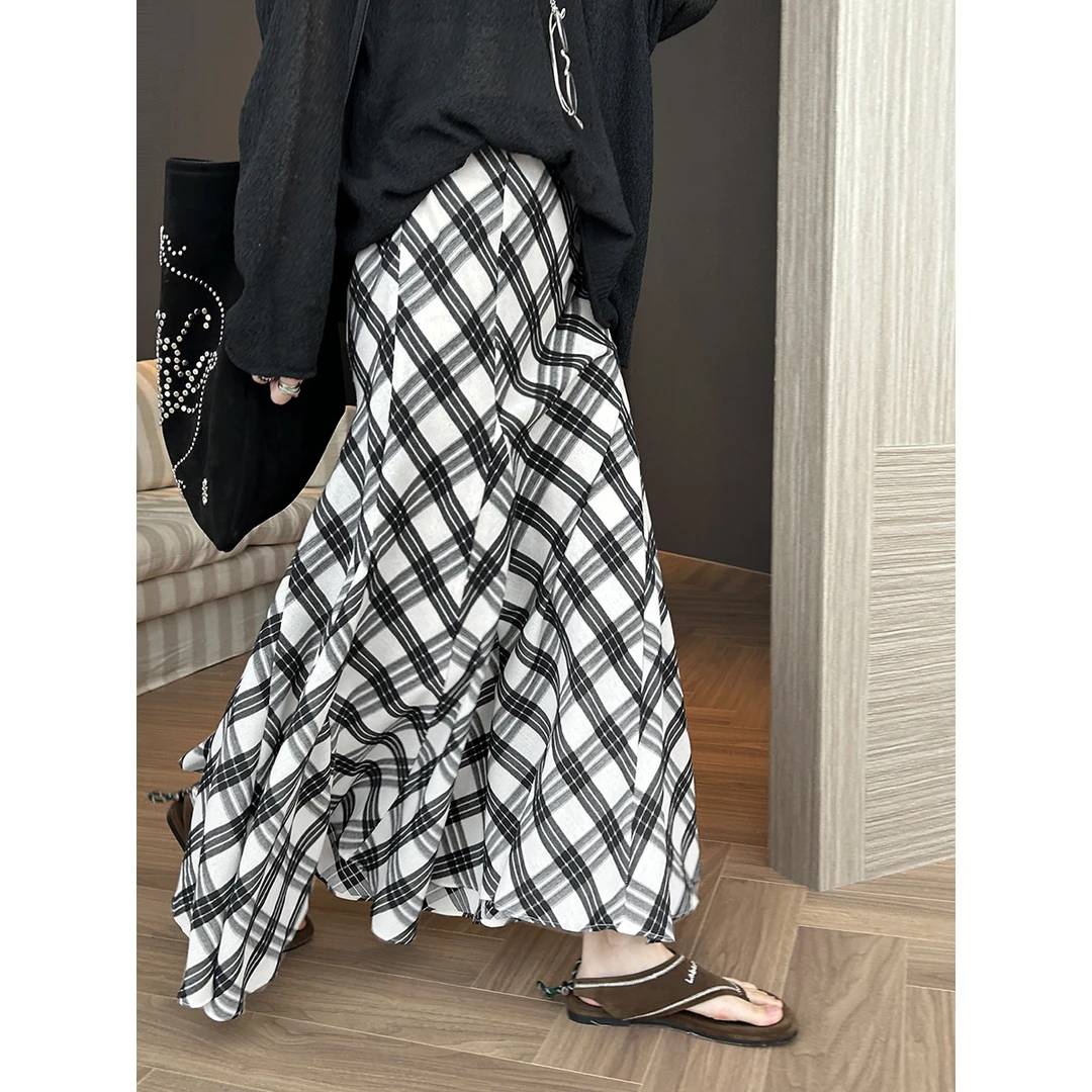 秋新款法式100棉格纹印花简约百搭鱼尾半身裙女大摆裙子半裙秋季