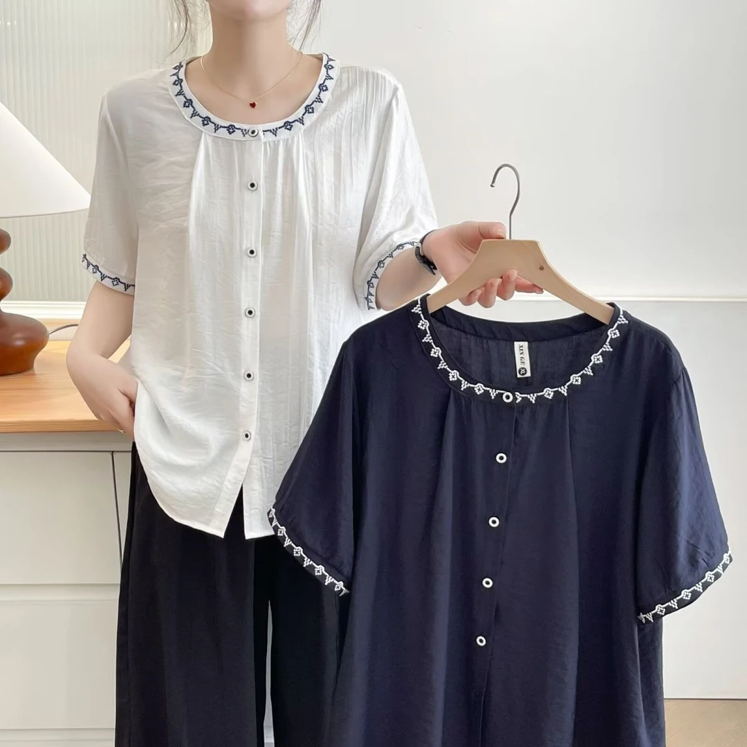 2025夏装新款大码女装宽松显瘦衬衫设计感上衣国风刺绣花边衬衫