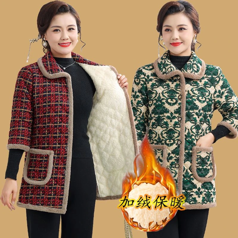 妈妈冬季加绒七分袖棉衣中老年大码中长款棉袄女保暖棉服洋气外套