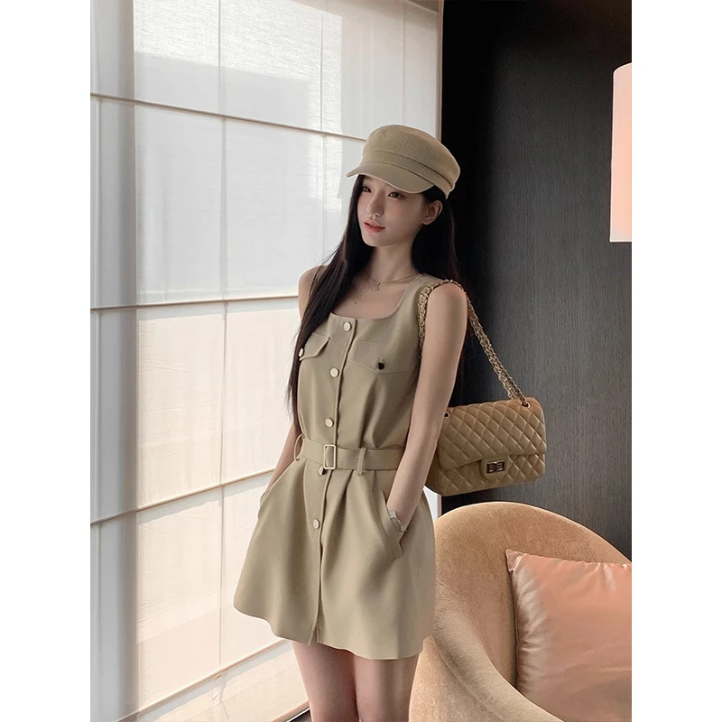 复古辣妹工装风背心连衣裙女春夏设计感小众收腰显瘦无袖A字短裙